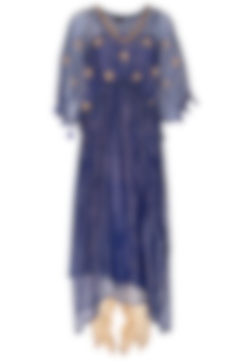 Blue Embroidered Kaftan With Golden Dhoti Pants by Kunza