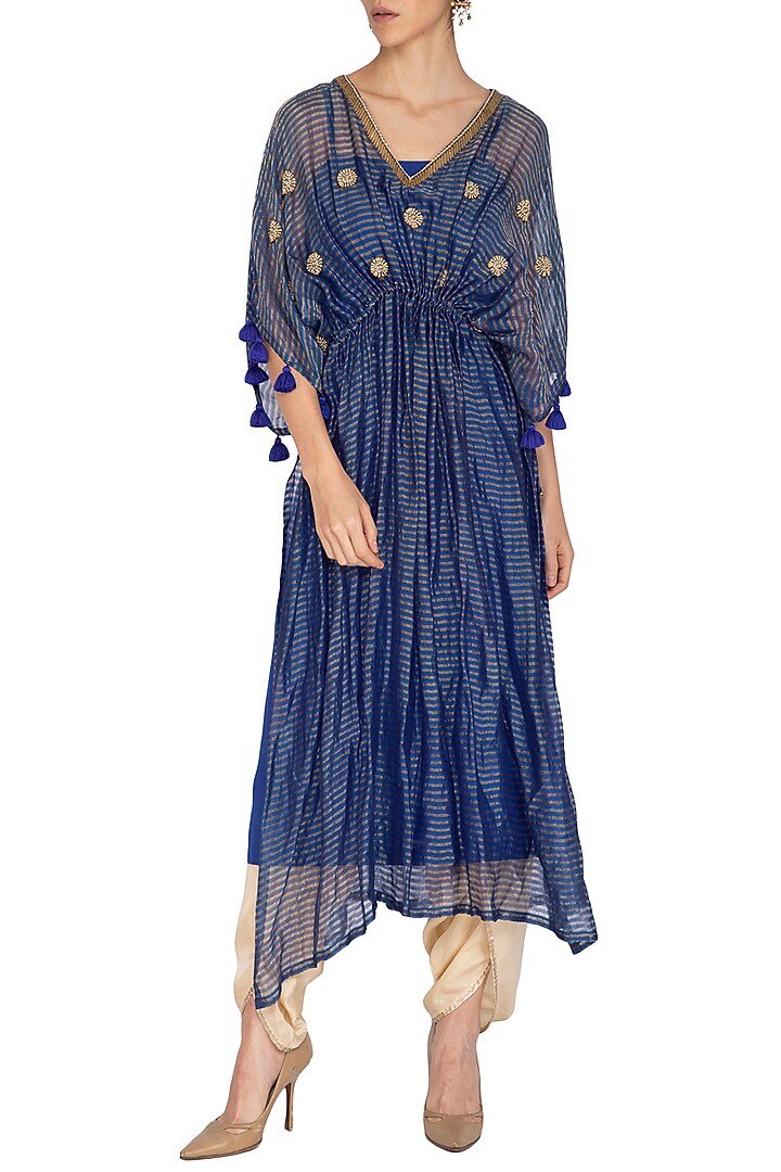 Blue Embroidered Kaftan With Golden Dhoti Pants by Kunza at Pernia's Pop Up Shop