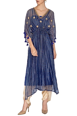 Blue Embroidered Kaftan With Golden Dhoti Pants by Kunza