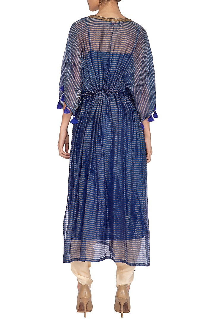 Blue Embroidered Kaftan With Golden Dhoti Pants by Kunza at Pernia's Pop Up Shop
