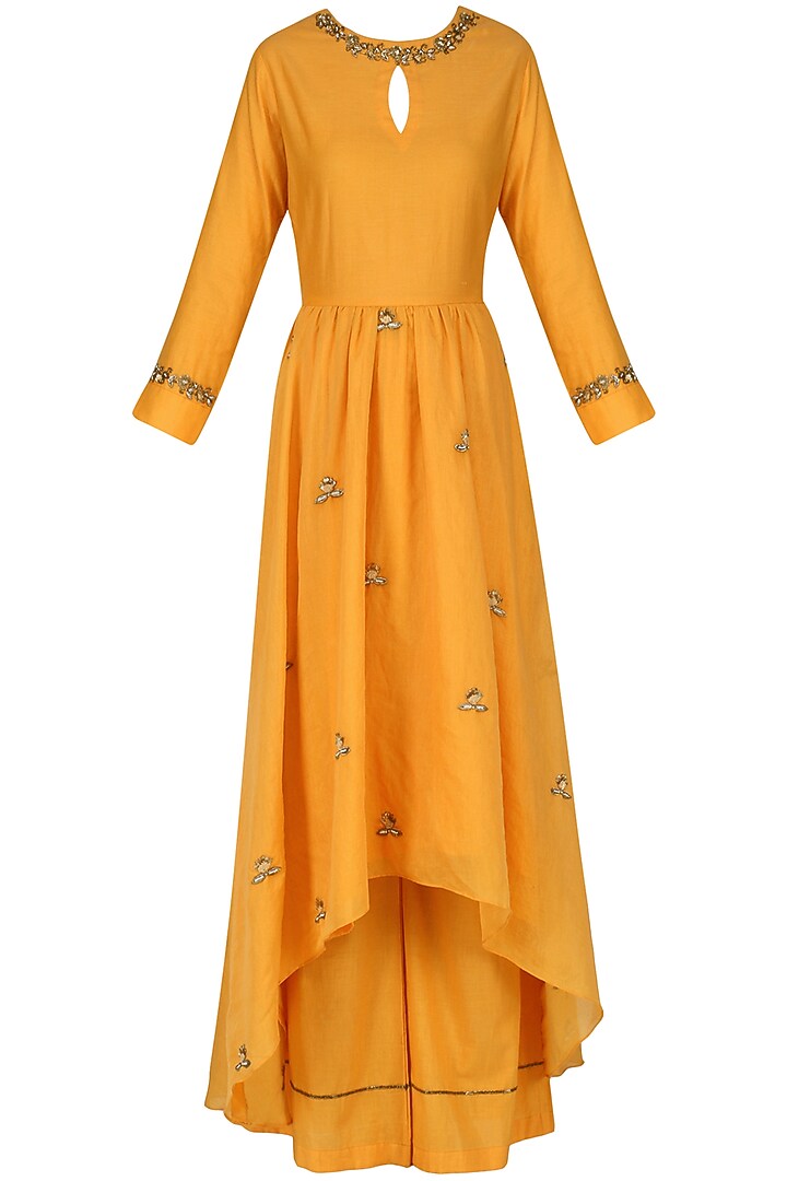 Burnt orange embroidered anarkali and palazzo pants set available only at Pernia's Pop Up Shop.