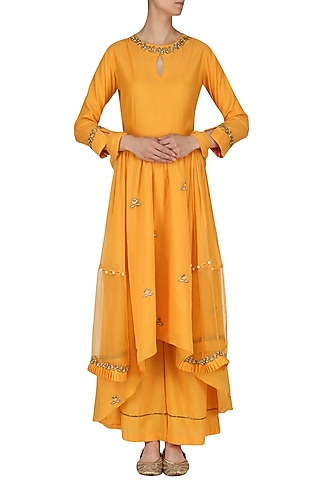 Burnt Orange Embroidered Anarkali and Palazzo Pants Set by Kazmi India