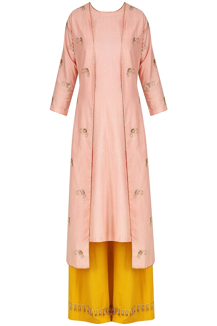Pink Embroidered Kurta With Solid Pink Palazzo.