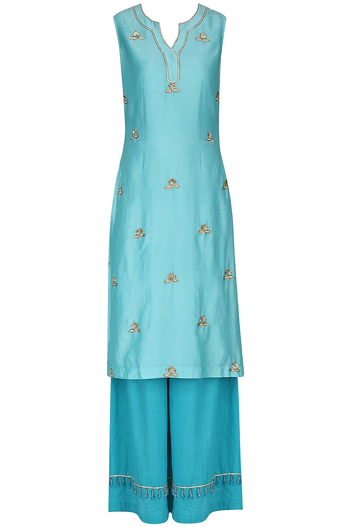 Ice blue embroidered kurta and palazzo pants set available only at Pernia's Pop Up Shop.