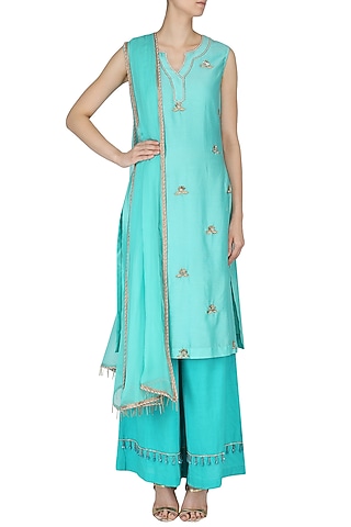 Ice Blue Embroidered Kurta and Palazzo Pants Set by Kazmi India