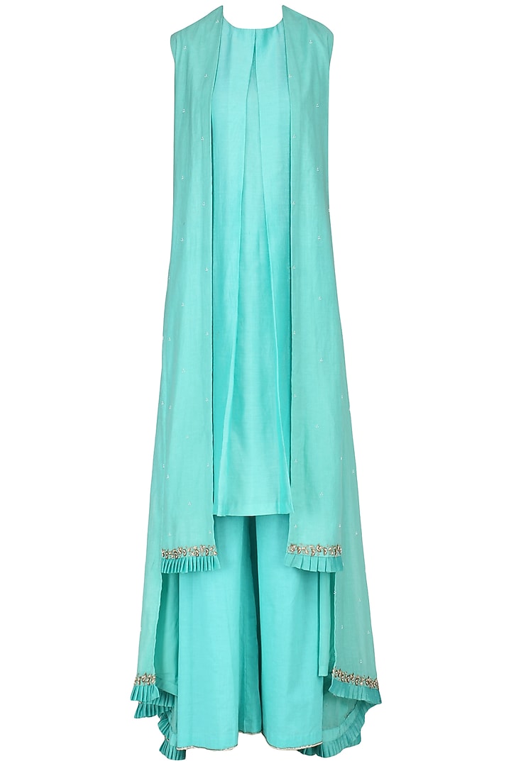 Ice blue embroidered overlayer kurta and palazzo pants available only at Pernia's Pop Up Shop.