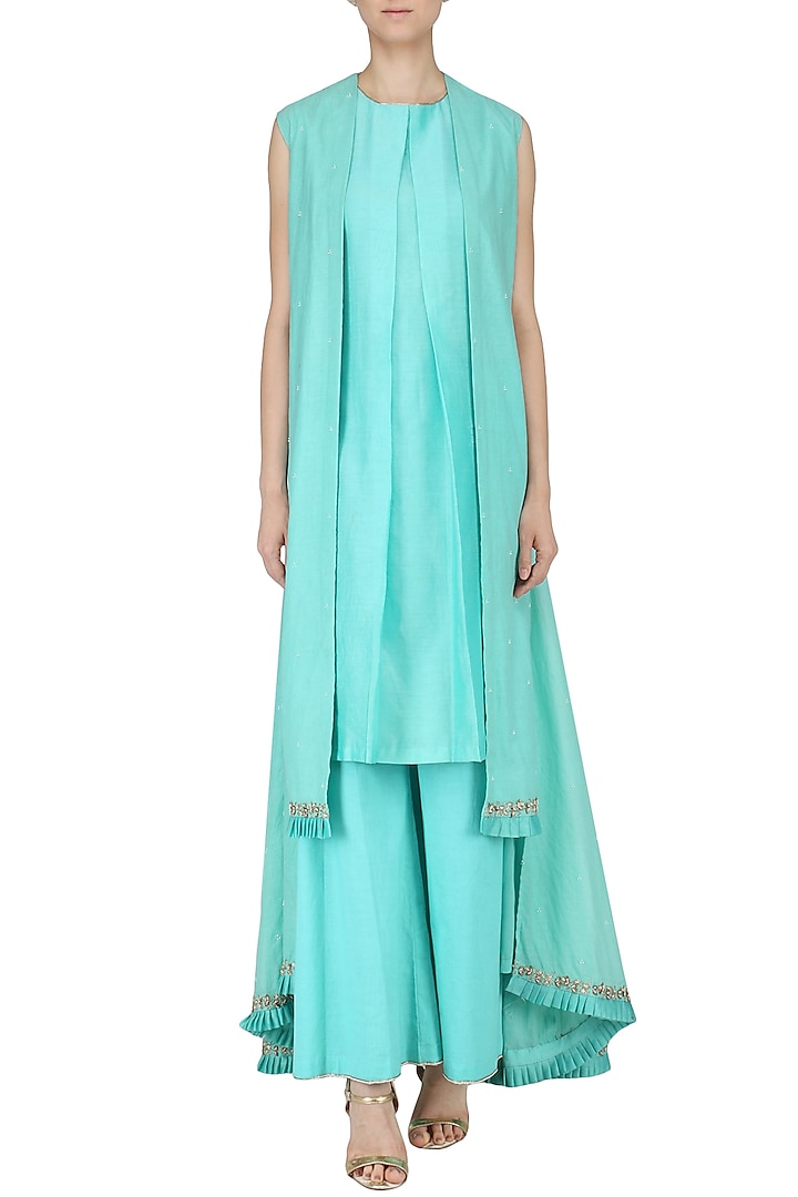 Ice Blue Embroidered Overlayer Kurta and Palazzo Pants by Kazmi India