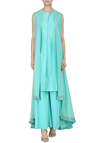 Ice Blue Embroidered Overlayer Kurta and Palazzo Pants by Kazmi India