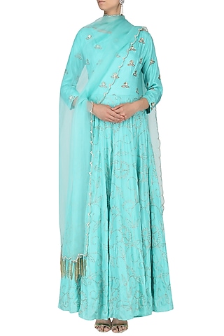 Ice Blue Embroidered Anarkali Set by Kazmi India