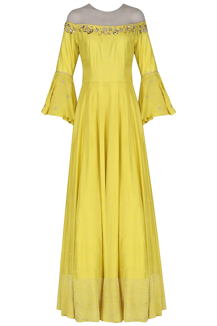 Yellow embroidered anarkali available only at Pernia's Pop Up Shop.