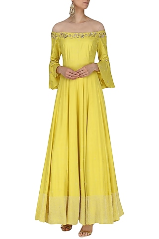 Yellow Embroidered Anarkali  by Kazmi India