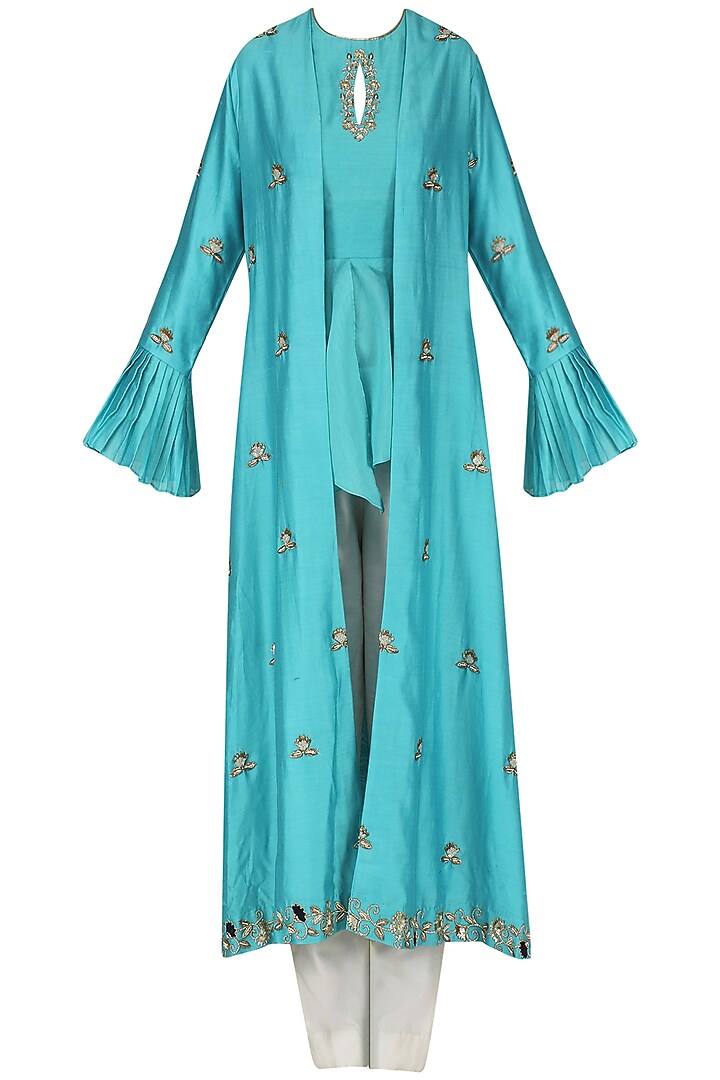 Blue embroidered overlayer peplum top with pants and cape set available only at Pernia's Pop Up Shop.