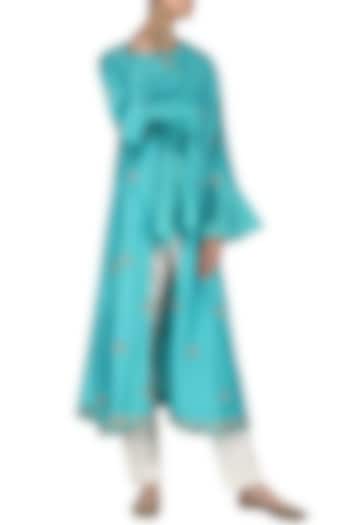 Blue Embroidered Overlayer Peplum Top with Pants and Cape Set by Kazmi India