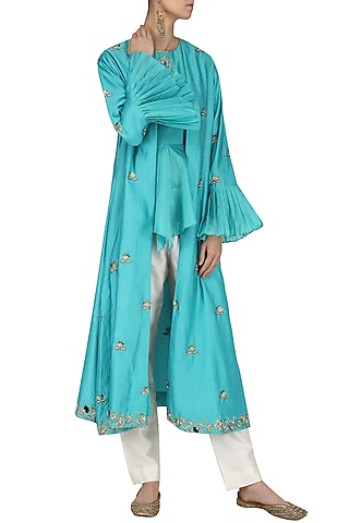 Blue Embroidered Overlayer Peplum Top with Pants and Cape Set by Kazmi India