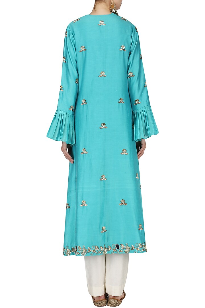 Blue embroidered overlayer peplum top with pants and cape set available only at Pernia's Pop Up Shop.