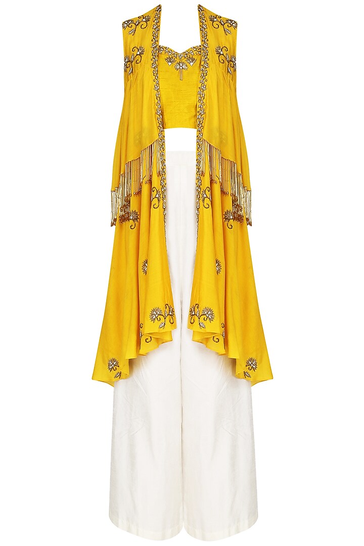 Turmeric yellow embroidered bustier with cape and palazzo pants set available only at Pernia's Pop Up Shop.