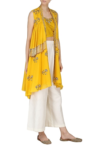 Turmeric Yellow Embroidered Bustier with Cape and Palazzo Pants Set by Kazmi India