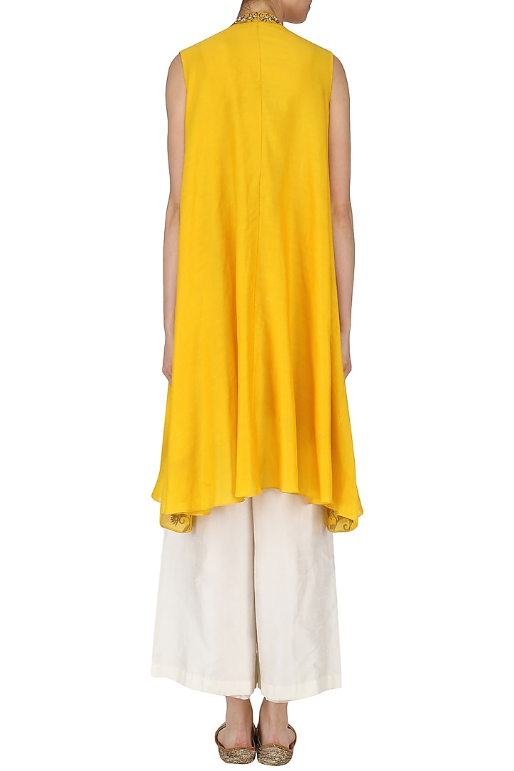 Turmeric yellow embroidered bustier with cape and palazzo pants set available only at Pernia's Pop Up Shop.
