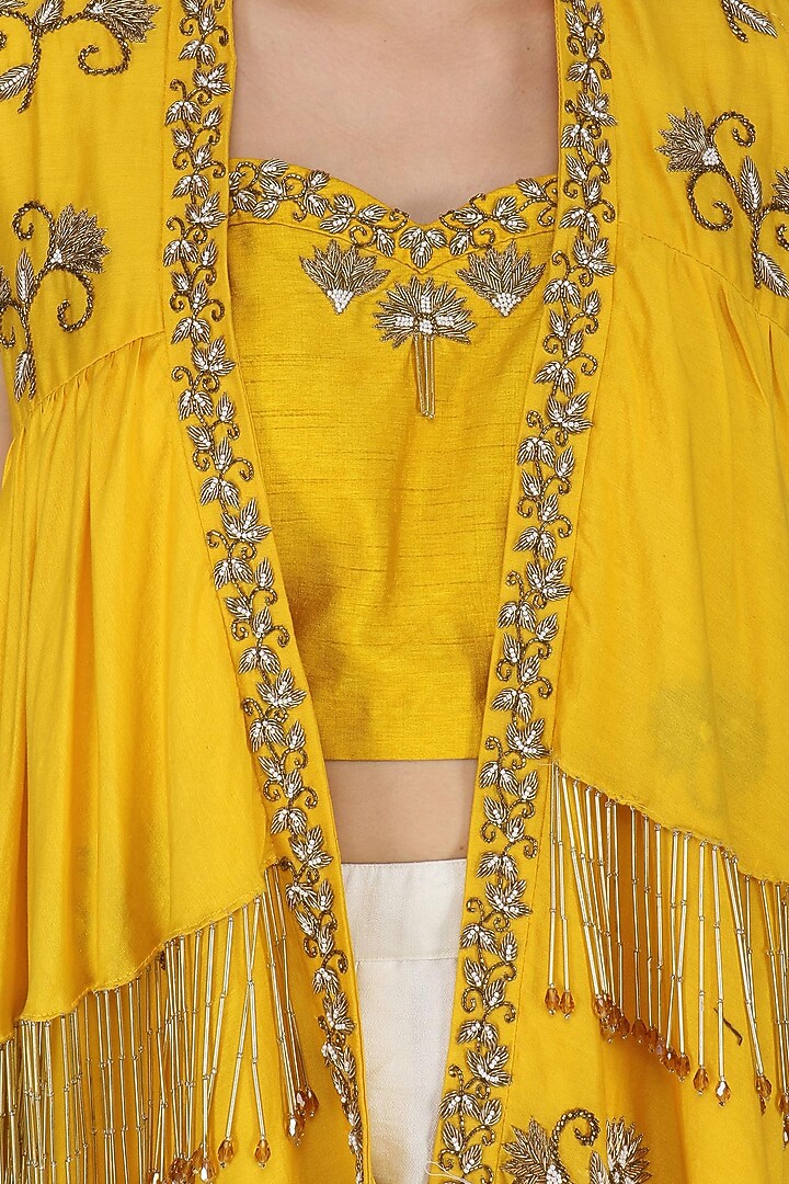 Turmeric yellow embroidered bustier with cape and palazzo pants set available only at Pernia's Pop Up Shop.