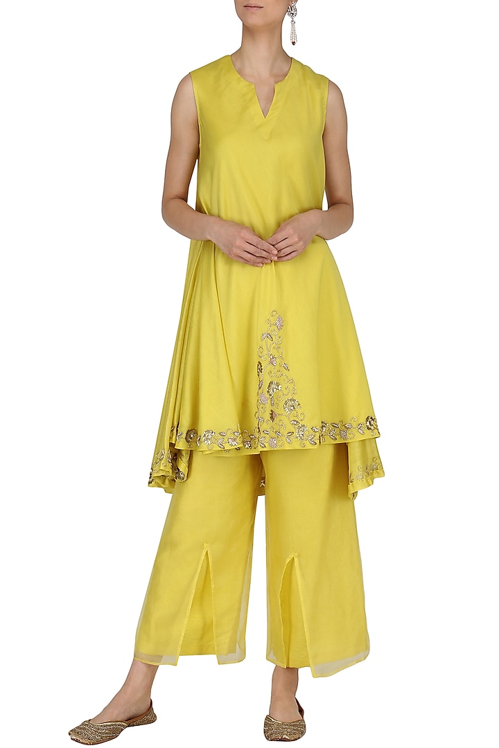 Yellow Embroidered Tunic with Pants by Kazmi India