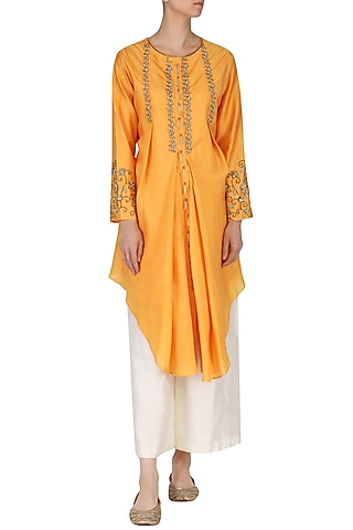 Burnt Orange Embroidered Tunic with Palazzo Pants by Kazmi India