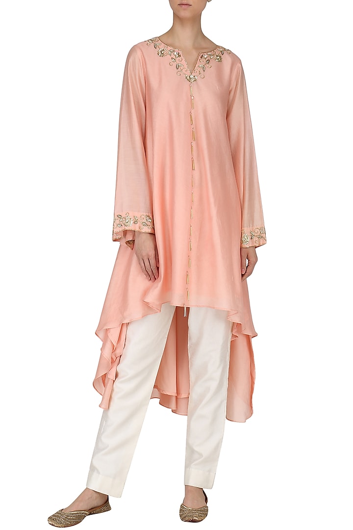 Blush Pink Embroidered Tunic with Palazzo Pants by Kazmi India