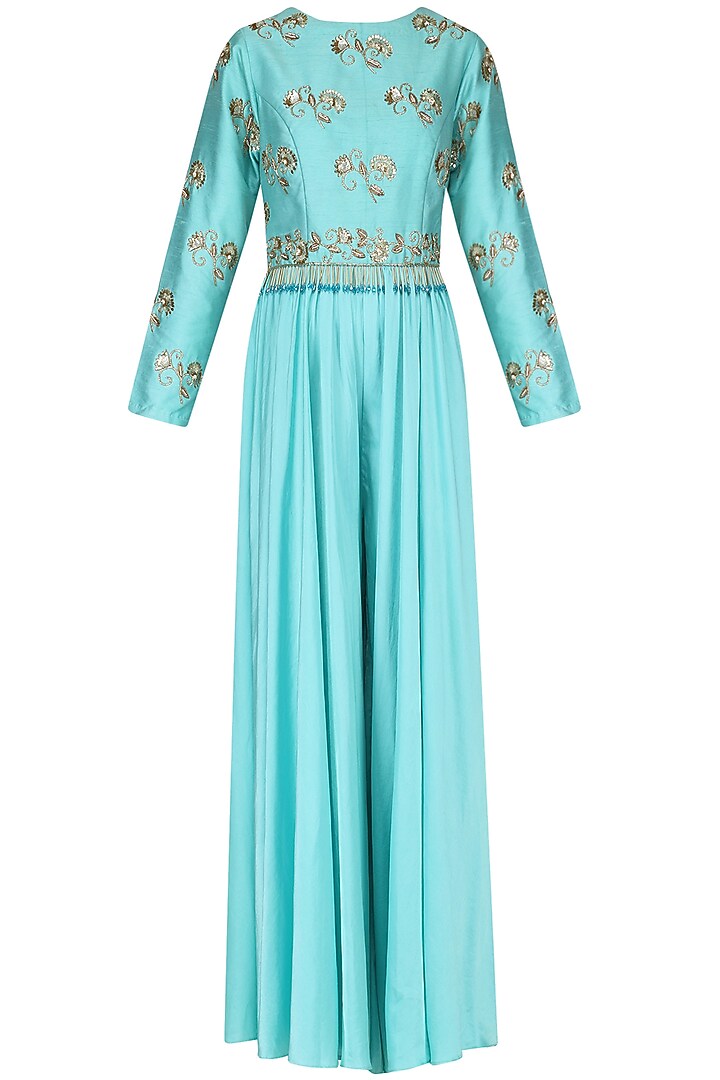 Ice blue embroidered jumpsuit available only at Pernia's Pop Up Shop.