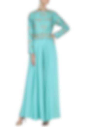 Ice Blue Embroidered Jumpsuit by Kazmi India