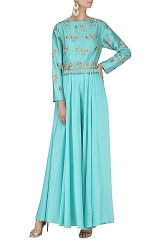 Ice Blue Embroidered Jumpsuit by Kazmi India