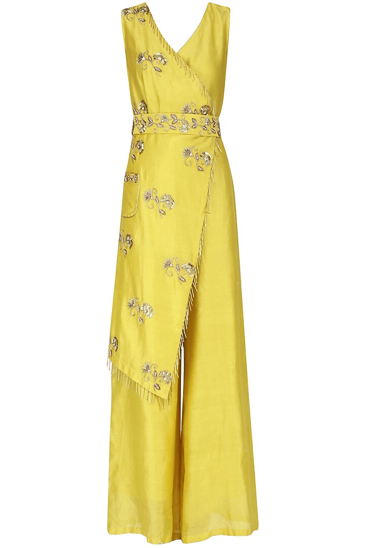 Yellow embroidered overlapping jumpsuit available only at Pernia's Pop Up Shop.
