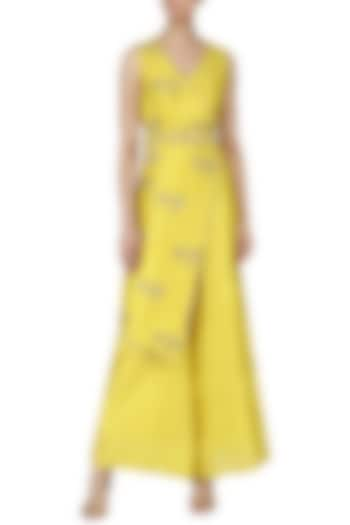 Yellow Embroidered Overlapping Jumpsuit by Kazmi India