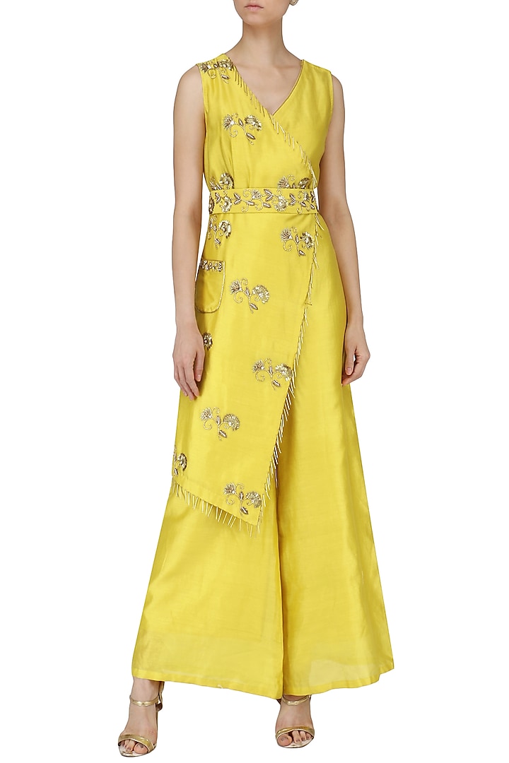 Yellow Embroidered Overlapping Jumpsuit by Kazmi India