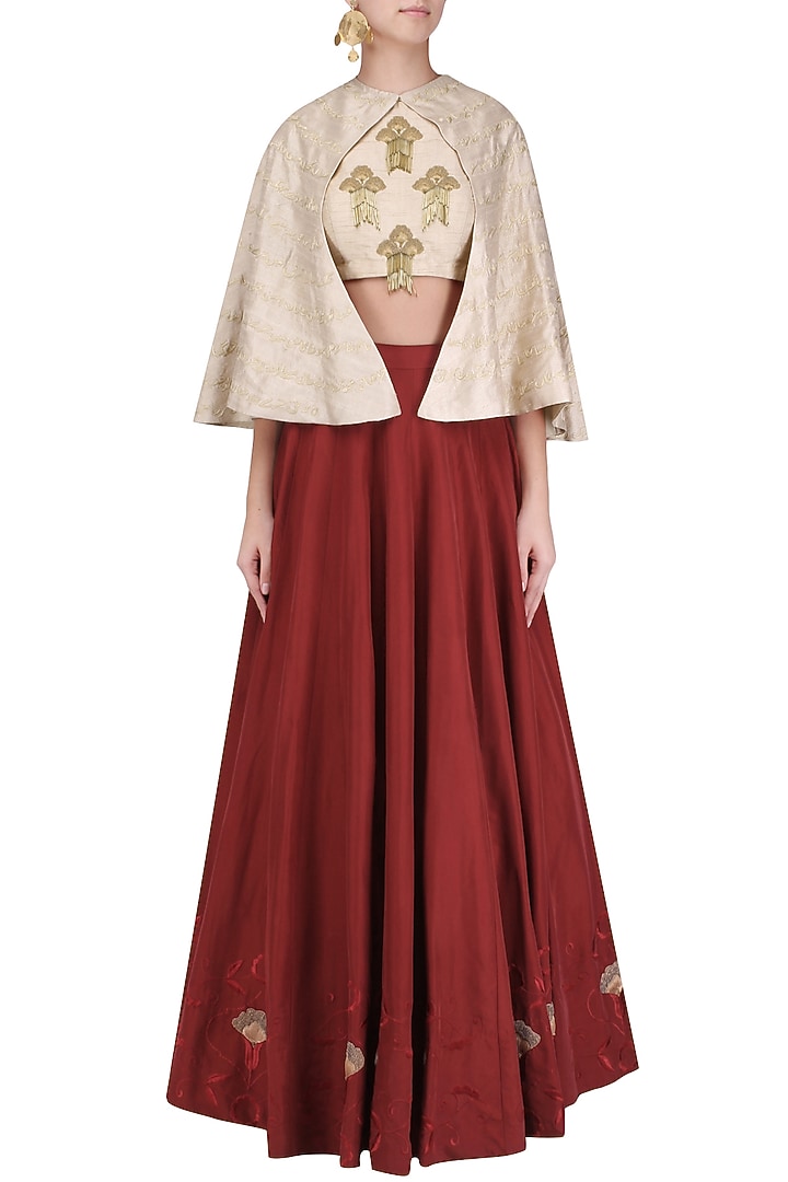 Red and dusty pink embroidered lehenga set with cape available only at Pernia's Pop Up Shop.