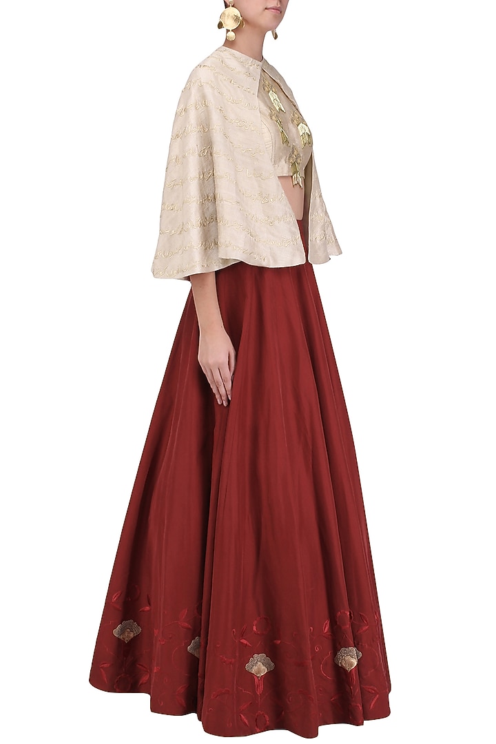 Red and dusty pink embroidered lehenga set with cape available only at Pernia's Pop Up Shop.