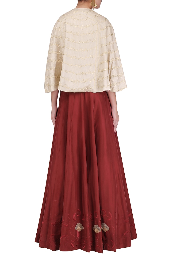 Red and dusty pink embroidered lehenga set with cape available only at Pernia's Pop Up Shop.