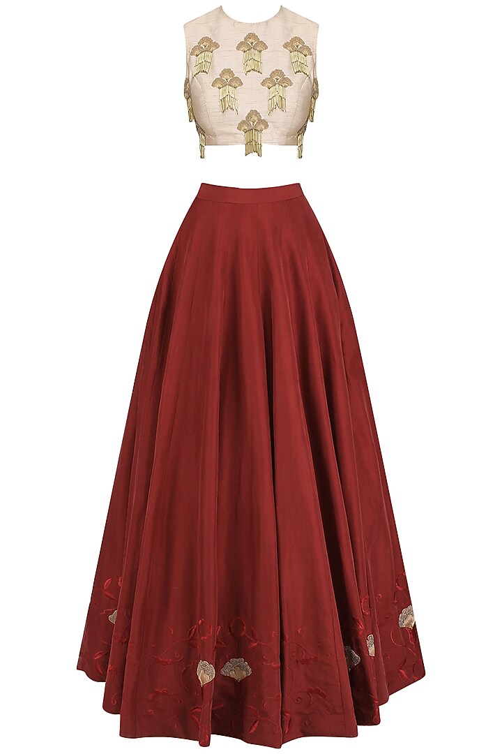 Red and dusty pink embroidered lehenga set with cape available only at Pernia's Pop Up Shop.