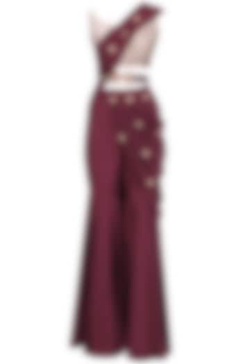 Oxblood Embroidered Pre Stitched Sharara Saree with Belt by Kazmi India
