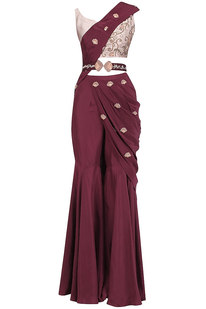 Oxblood Embroidered Pre Stitched Sharara Saree with Belt by Kazmi India