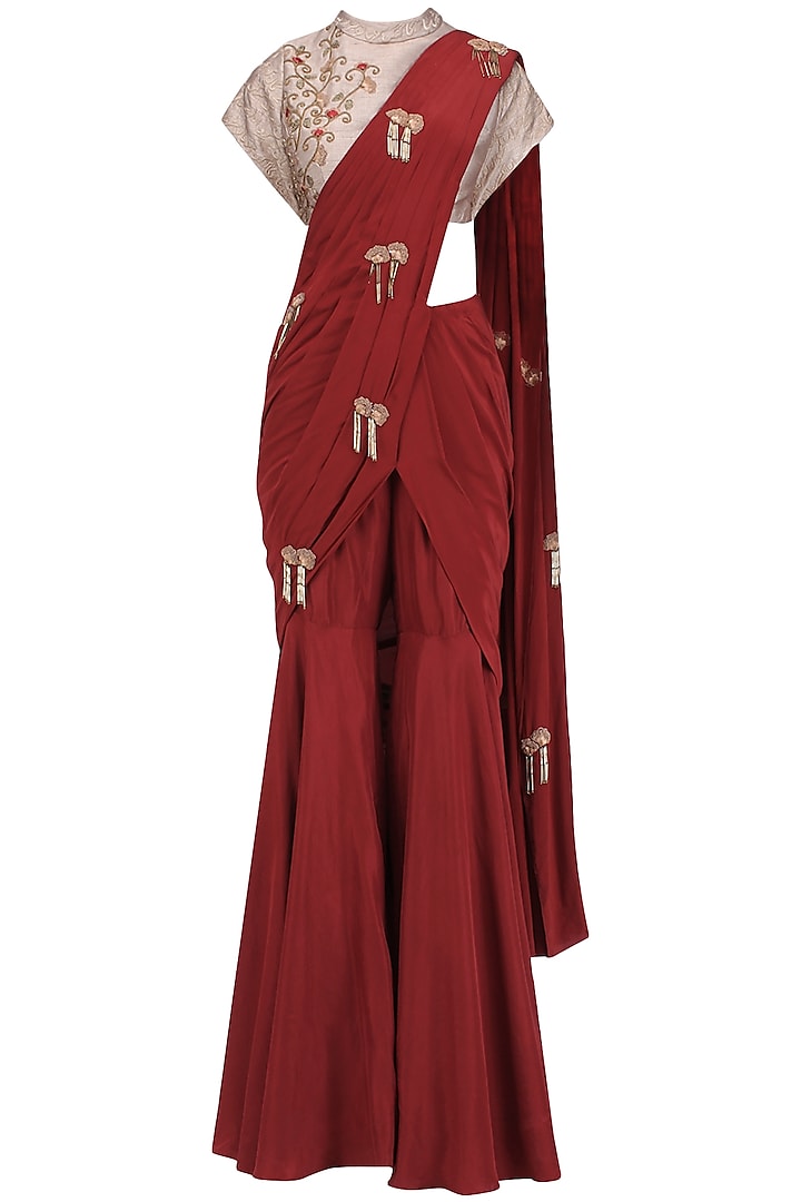 Red and Gold Embroidered Pre Stitched Sharara Saree by Kazmi India