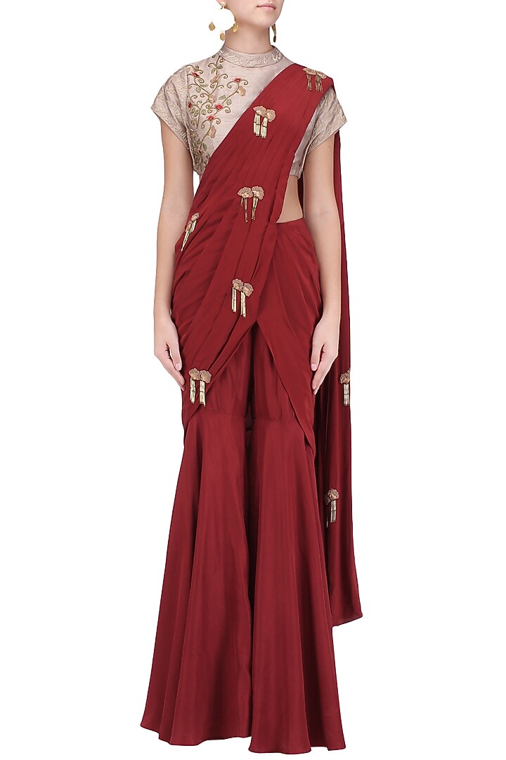 Red and gold embroidered pre stitched sharara saree available only at Pernia's Pop Up Shop.