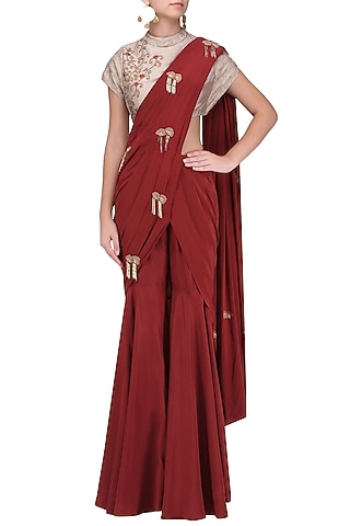 Red and Gold Embroidered Pre Stitched Sharara Saree by Kazmi India