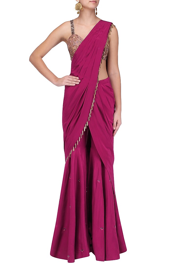 Maroon and gold embroidered pre stitched sharara saree available only at Pernia's Pop Up Shop.