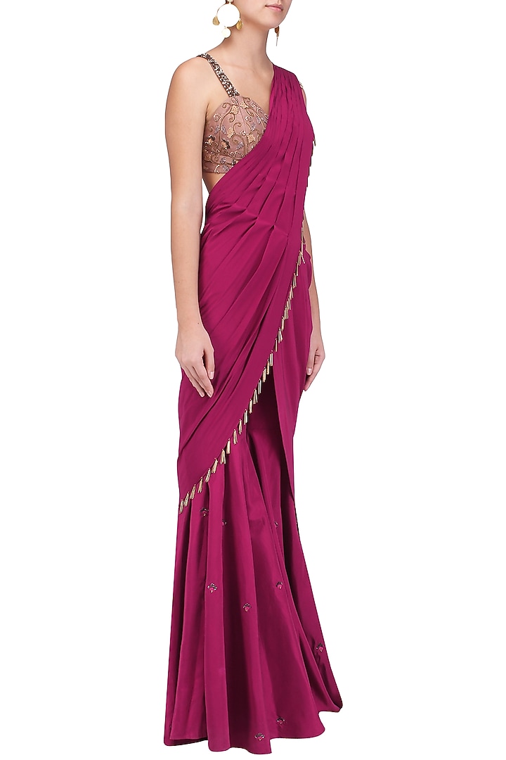 Maroon and gold embroidered pre stitched sharara saree available only at Pernia's Pop Up Shop.