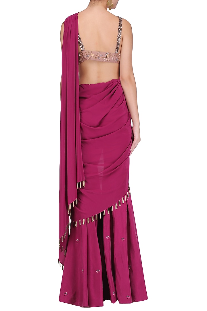 Maroon and gold embroidered pre stitched sharara saree available only at Pernia's Pop Up Shop.