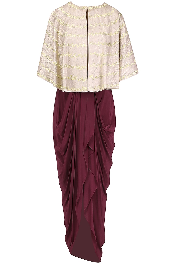 Oxblood Dhoti and Bustier with Beige Cape by Kazmi India