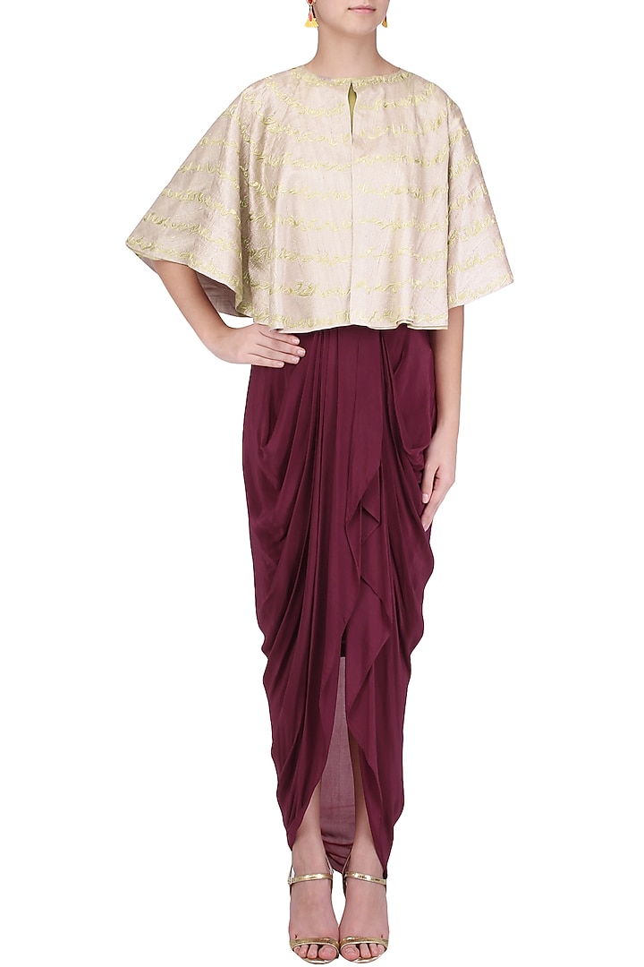 Oxblood dhoti and bustier with beige cape available only at Pernia's Pop Up Shop.