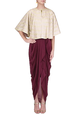 Oxblood Dhoti and Bustier with Beige Cape by Kazmi India