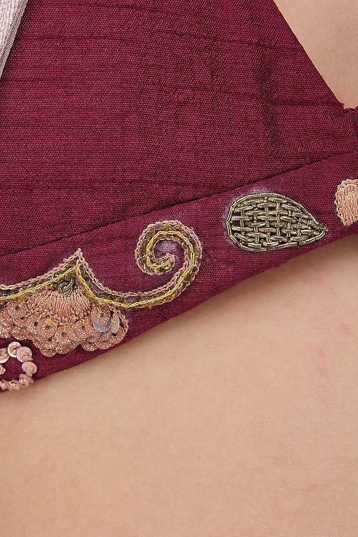 Oxblood dhoti and bustier with beige cape available only at Pernia's Pop Up Shop.
