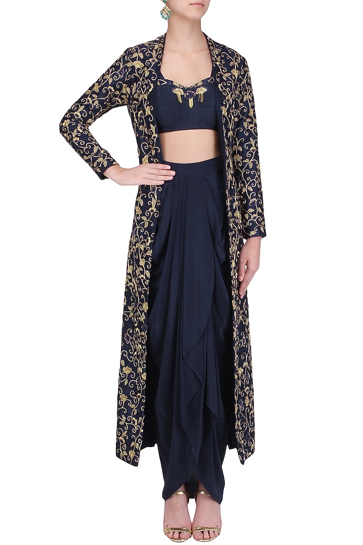 Navy dhoti and bustier with embroidered long cape available only at Pernia's Pop Up Shop.