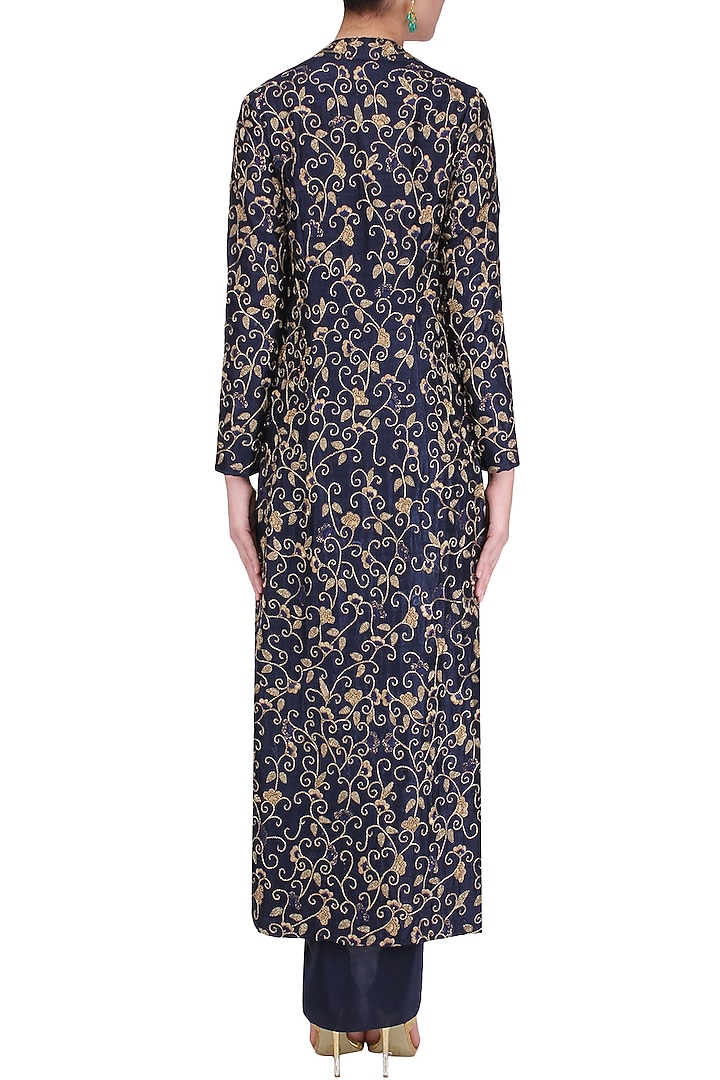 Navy dhoti and bustier with embroidered long cape available only at Pernia's Pop Up Shop.